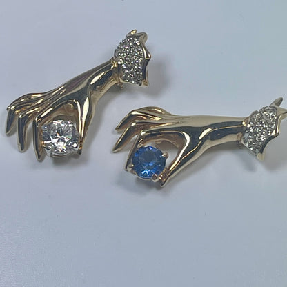 Vintage Victorian Lady's Hand Brooch with Blue Sapphire & Clear Cubic Zirconia - 18kt Gold Electroplated jewelry image 1
