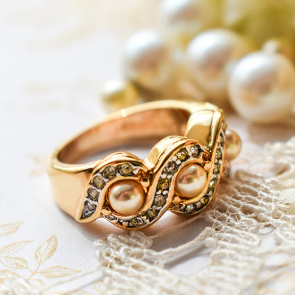 Women's Vintage Ring Pearl or Multi Color Emerald, Sapphire, Ruby Crystal Cocktail Band Ring