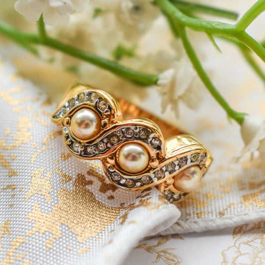 Women's Vintage Ring Pearl or Multi Color Emerald, Sapphire, Ruby Crystal Cocktail Band Ring