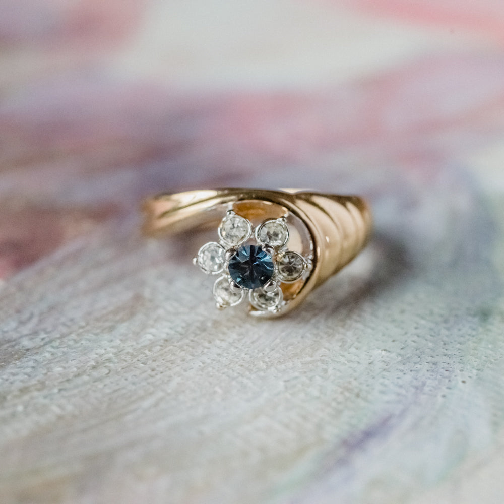 Vintage 1980's Ring Sapphire Austrian Crystal 18k Gold Electroplated Made in USA
