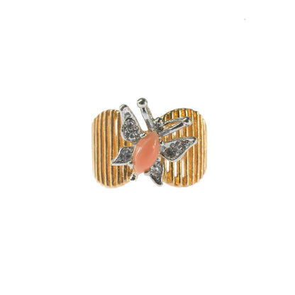 Vintage Butterfly Ring Genuine Coral and Clear Austrian Crystals 18kt Yellow Gold Electroplated