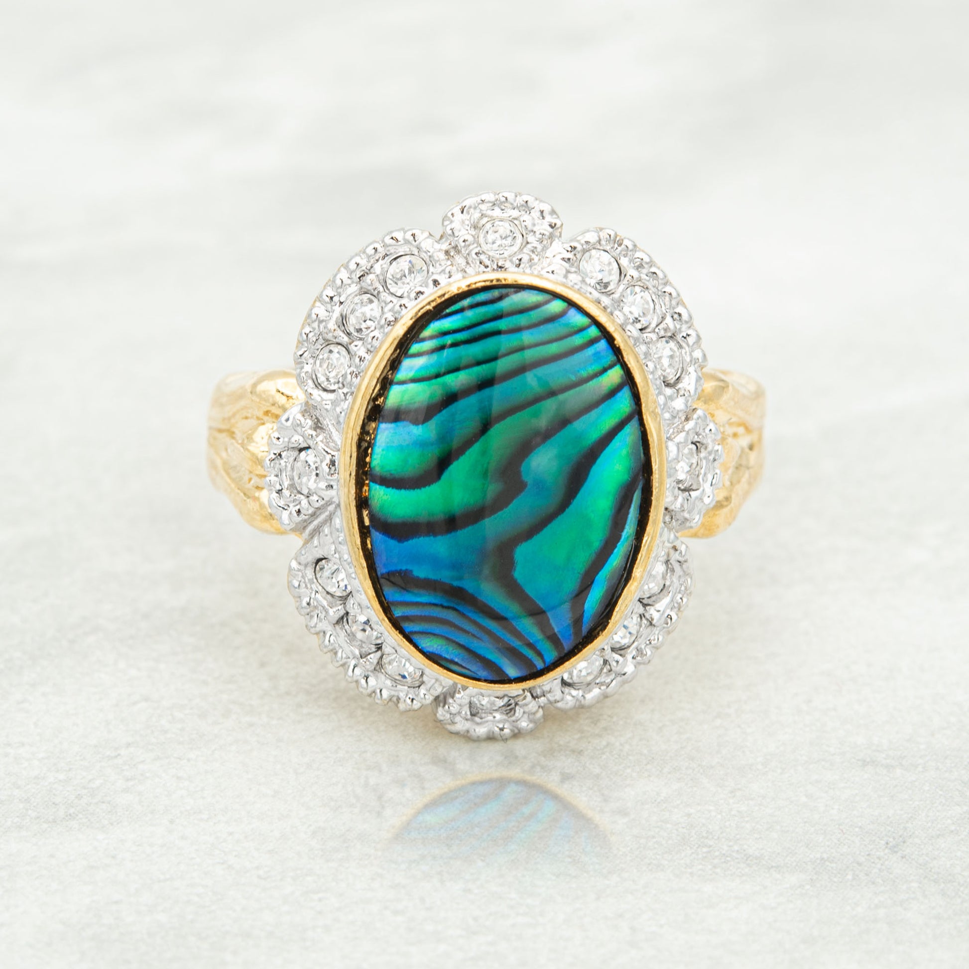 Vintage 1970s Genuine Blue Abalone Stone Ring with Clear Austrian Crystals – 18k Yellow Gold Plated #R1730 jewelry image 1