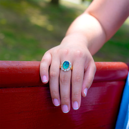 Genuine Pink, Blue, or Green, Abalone Stone Ring Vintage 1970s 18k Yellow Gold Plated Clear Austrian Crystals Woman's Handmade Jewelry #R1730