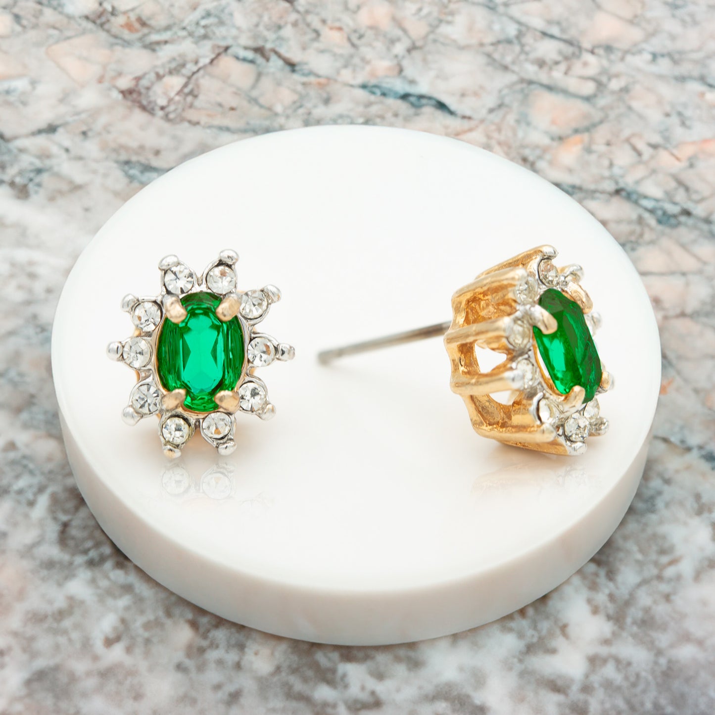 Vintage Austrian Crystal Emerald Green Post Earrings - 18k Gold Electroplated E1291 jewelry image 1