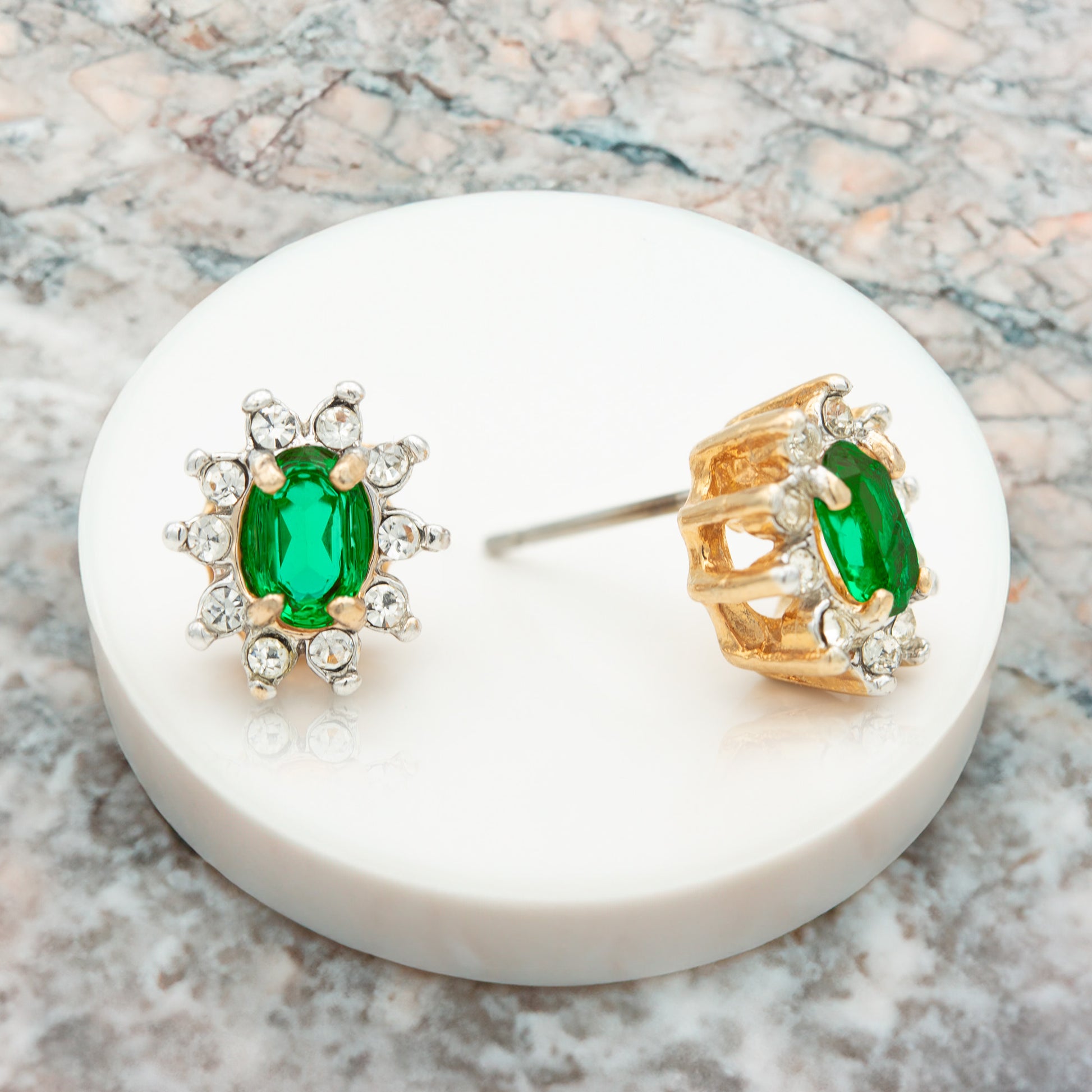 Vintage Austrian Crystal Emerald Green Post Earrings - 18k Gold Electroplated E1291 jewelry image 1