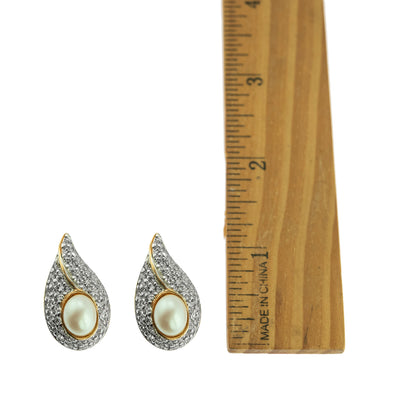 Vintage Pearl Earrings 18kt Gold Electroplated Austrian Crystals Screw Back Clip Earrings