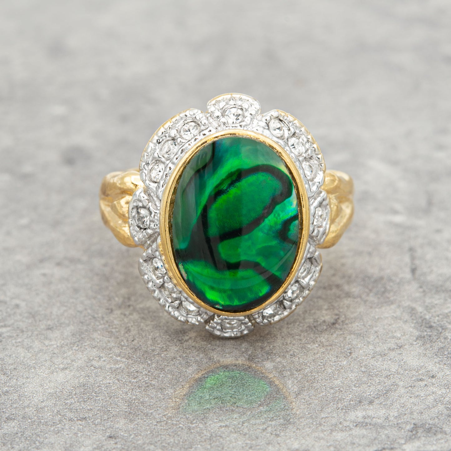 Vintage 1970s Green Abalone Stone Ring with Clear Austrian Crystals – 18k Yellow Gold Electroplated jewelry image 1