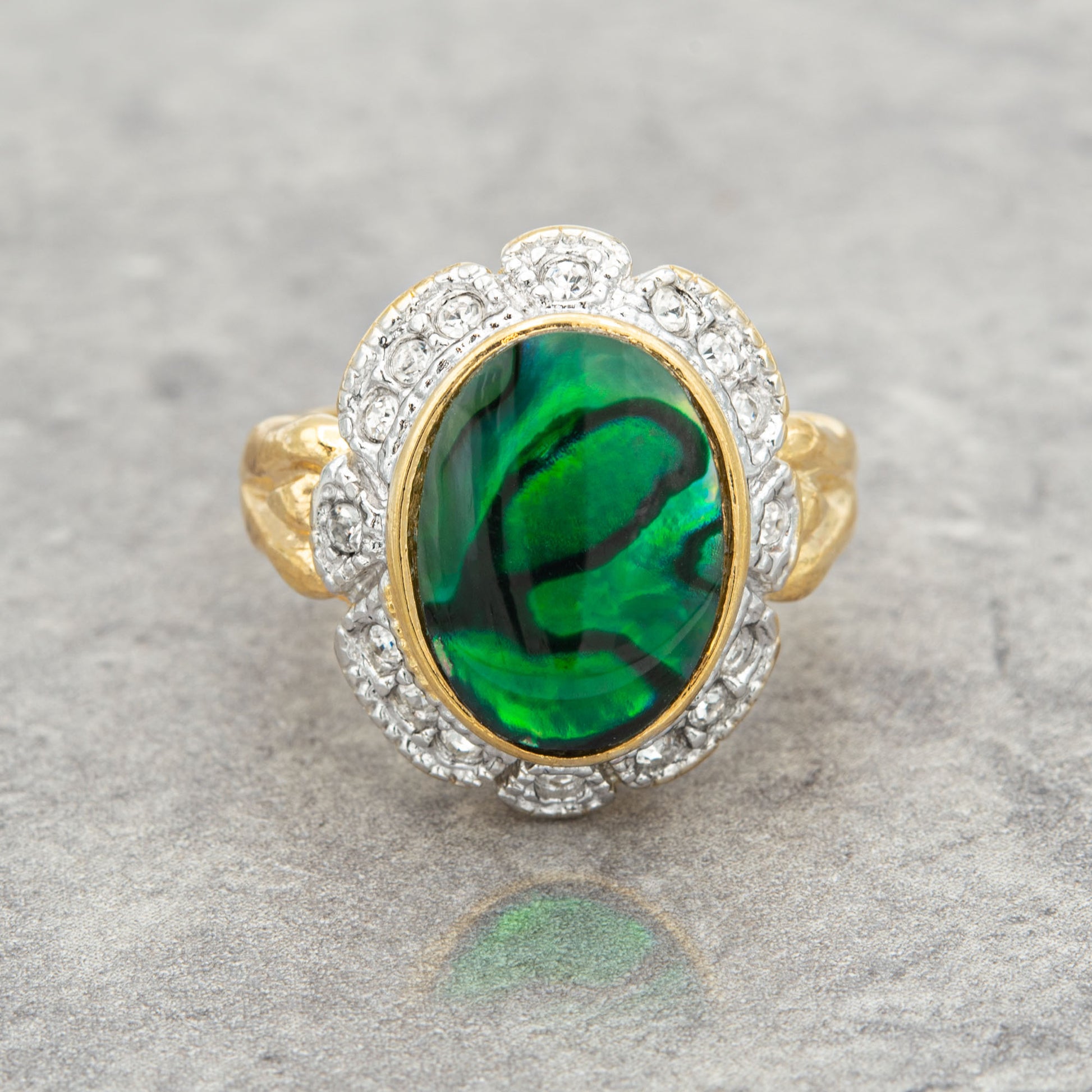 Vintage 1970s Green Abalone Stone Ring with Clear Austrian Crystals – 18k Yellow Gold Electroplated jewelry image 1