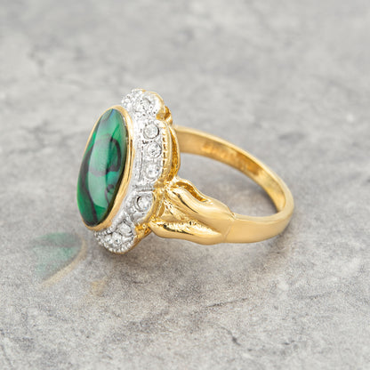Genuine Pink, Blue, or Green, Abalone Stone Ring Vintage 1970s 18k Yellow Gold Plated Clear Austrian Crystals Woman's Handmade Jewelry #R1730