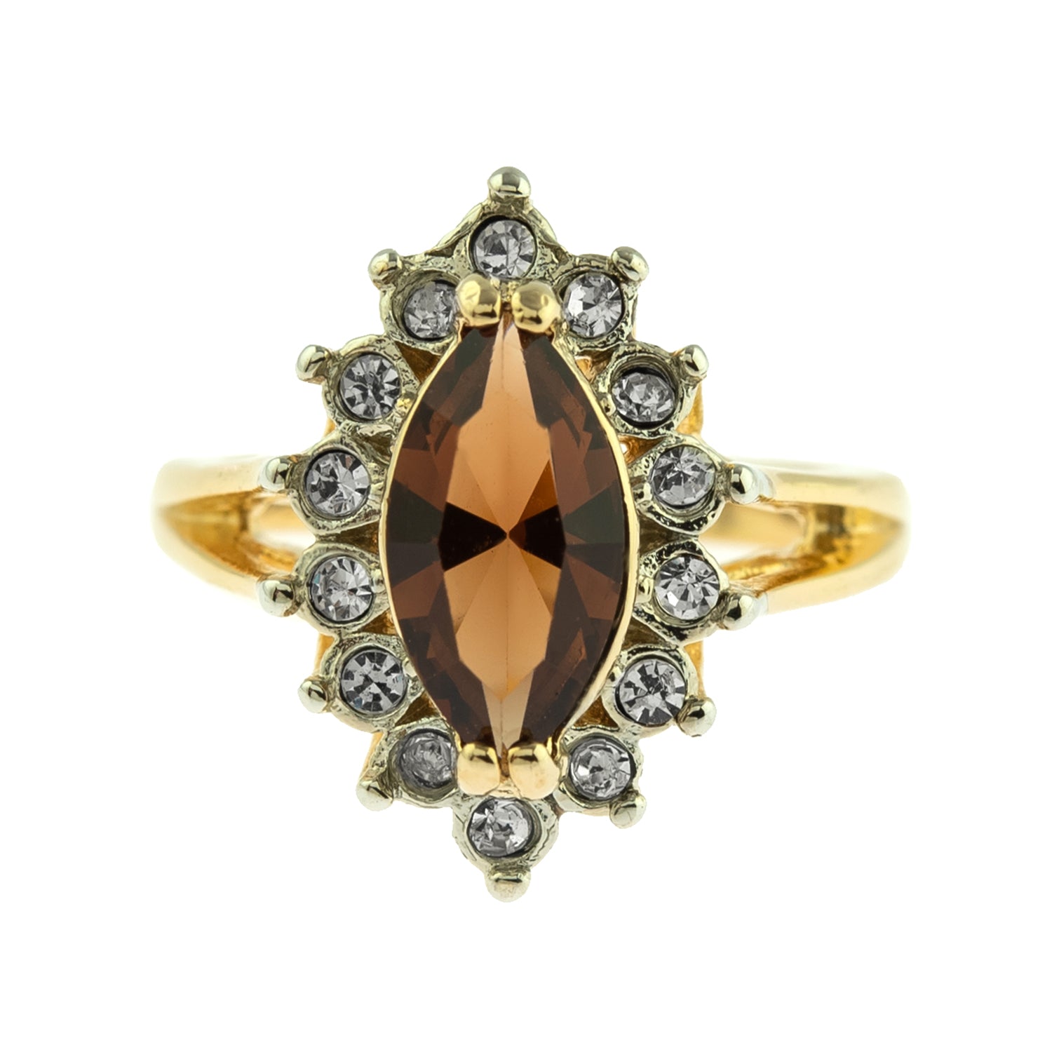 Vintage Smokey Topaz and Clear Austrian Crystals 18k Yellow Gold Plated Ring Made in USA