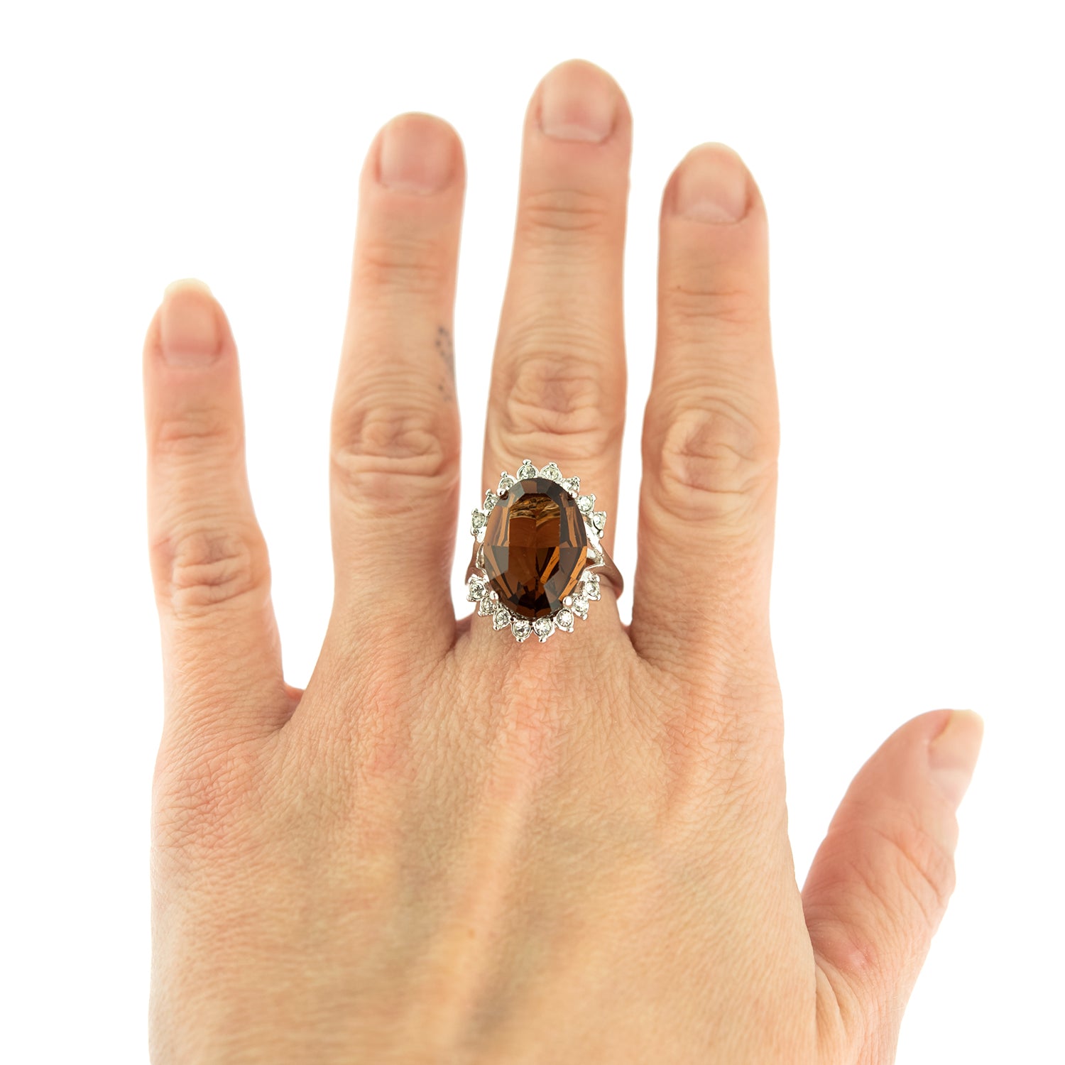 Vintage 1970's Ring Smokey Topaz and Clear Austrian Crystals 18k White Gold Plated Made in USA
