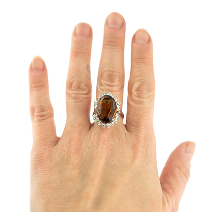 Vintage 1970's Ring Smokey Topaz and Clear Austrian Crystals 18k White Gold Plated Made in USA