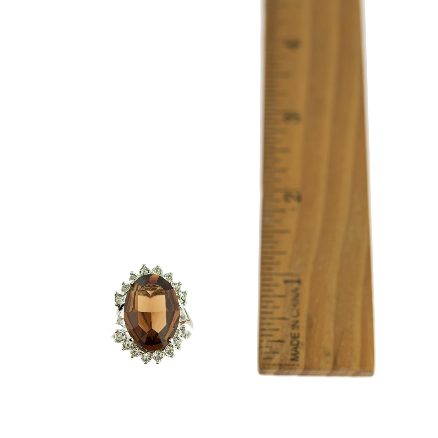 Vintage 1970's Ring Smokey Topaz and Clear Austrian Crystals 18k White Gold Plated Made in USA