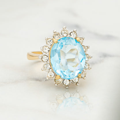 Vintage Aquamarine Austrian Crystal Cocktail Ring - 18k Gold Electroplated jewelry image 1