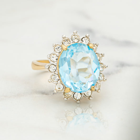 Vintage Aquamarine Austrian Crystal Cocktail Ring - 18k Gold Electroplated jewelry image 1