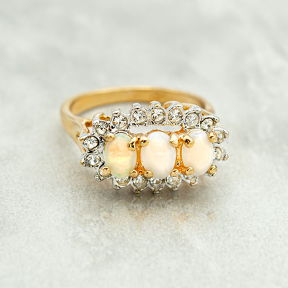 Vintage Genuine Opal and Clear Austrian Crystal Ring 18k Gold Antique Womans Jewelry R1358