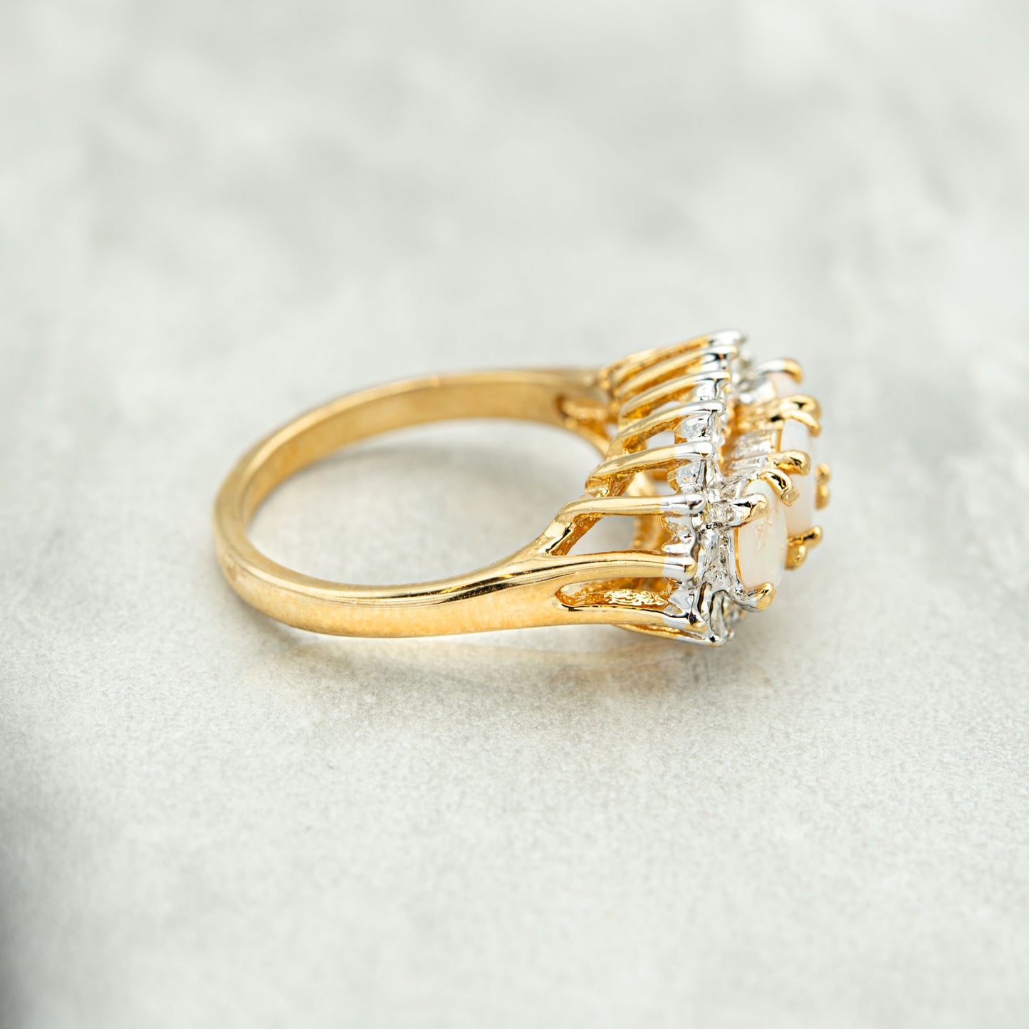 Vintage Genuine Opal and Clear Austrian Crystal Ring 18k Gold Antique Womans Jewelry R1358