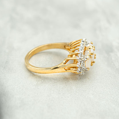 Vintage Genuine Opal and Clear Austrian Crystal Ring 18k Gold Antique Womans Jewelry R1358