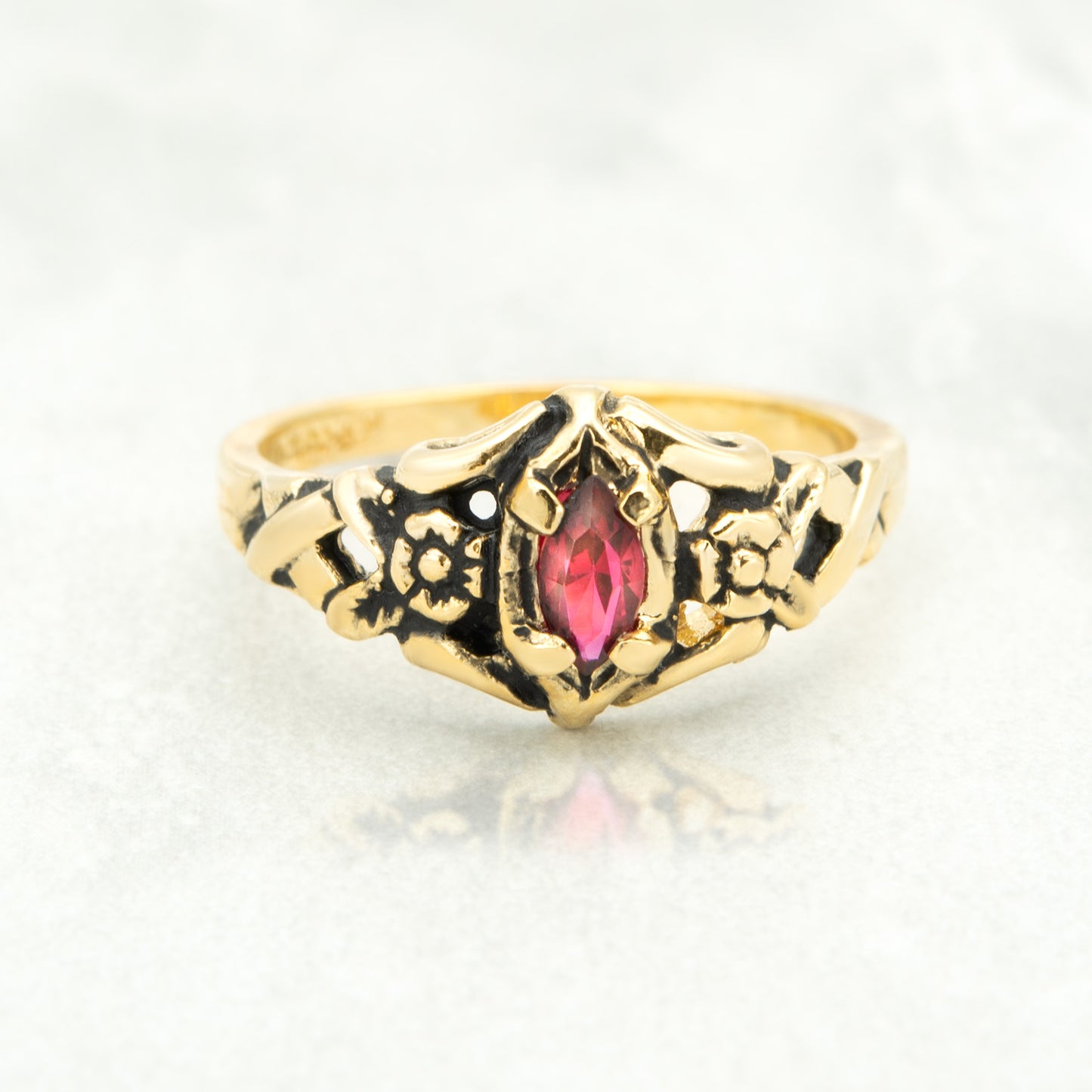 Vintage Siam Red Marquise Crystal Ring - 18k Gold Electroplated Antiqued Floral Design - Made in USA jewelry image 1