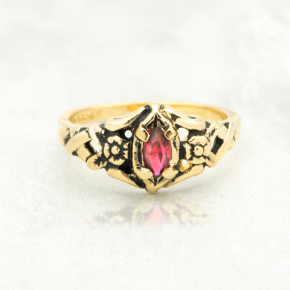 Vintage Siam Red Marquise Crystal Ring - 18k Gold Electroplated Antiqued Floral Design - Made in USA jewelry image 1