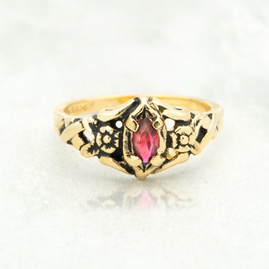 Vintage Siam Red Marquise Crystal Ring - 18k Gold Electroplated Antiqued Floral Design - Made in USA jewelry image 1