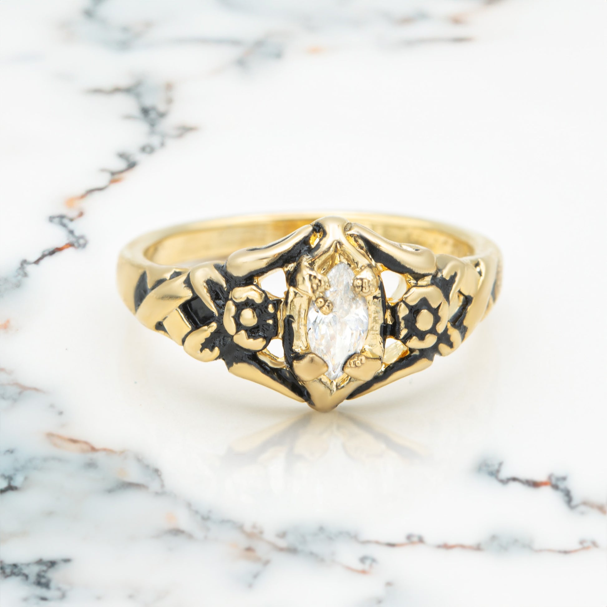 Vintage Cubic Zirconia Marquise Ring - 18k Gold Electroplated Antiqued Floral Design - Made in USA jewelry image 1