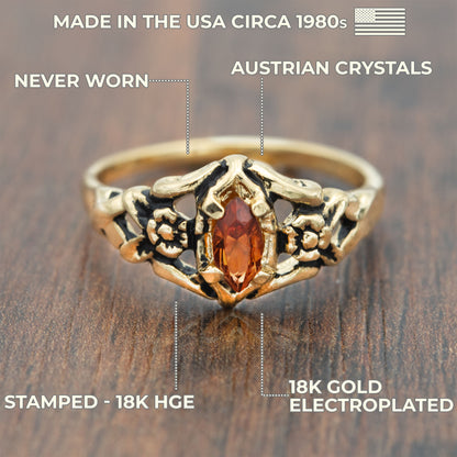 Vintage Austrian Crystal or Cubic Zirconia Stone Ring 18k Gold Electroplated Made in the USA