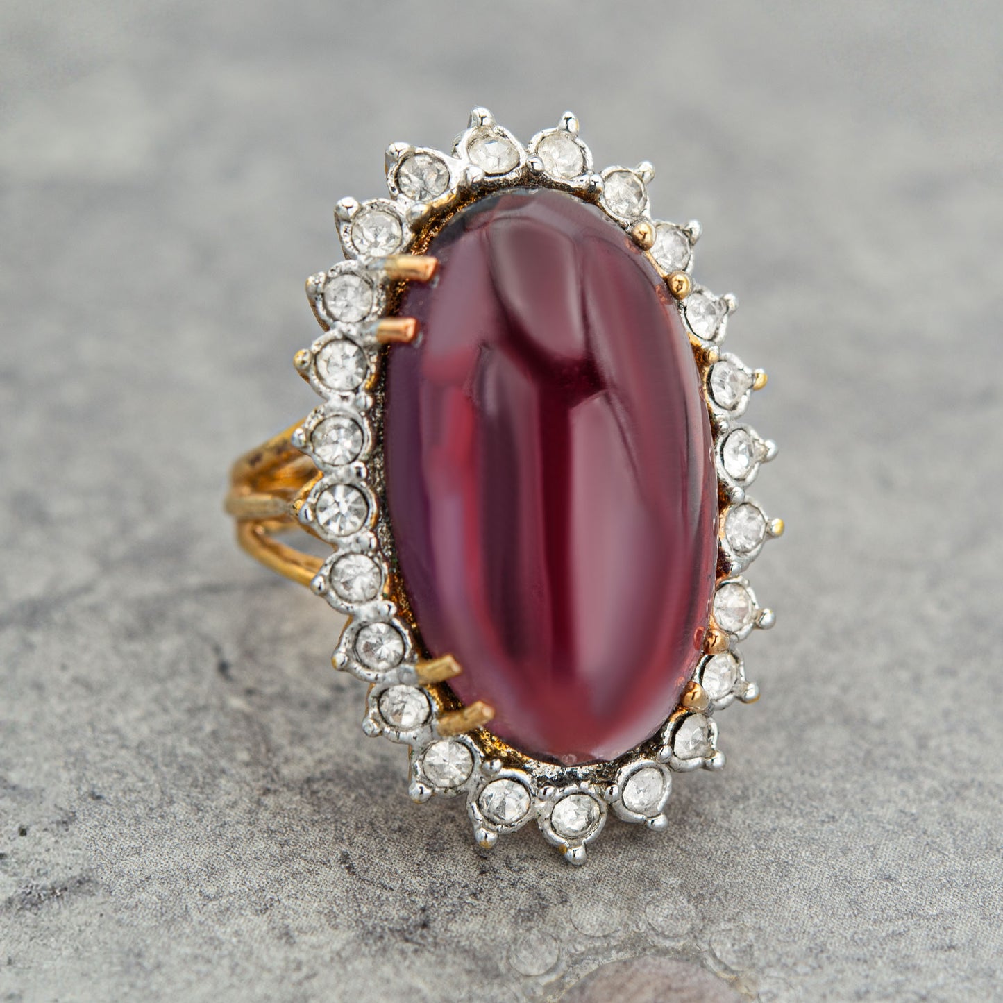 Vintage Amethyst Cabochon Crystal Cocktail Ring - 18kt Yellow Gold Electroplated jewelry image 1