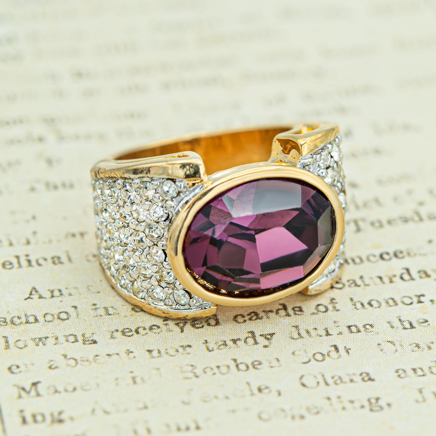 Vintage Amethyst Austrian Crystal Cocktail Ring - 18k Yellow Gold Electroplated jewelry image 1