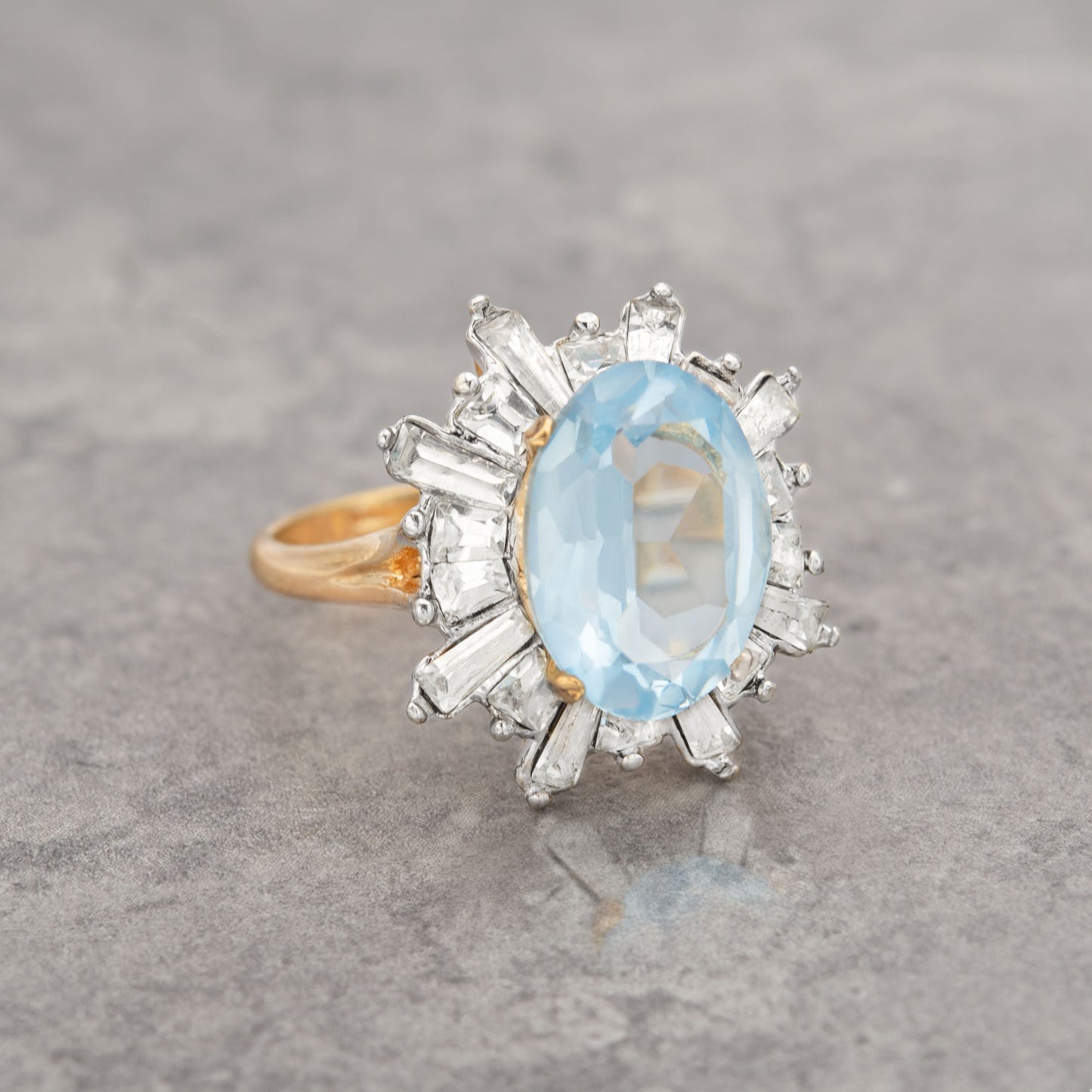 Vintage 1970s Aquamarine Austrian Crystal Cocktail Ring - 18k Gold Electroplated - Made in USA jewelry image 1