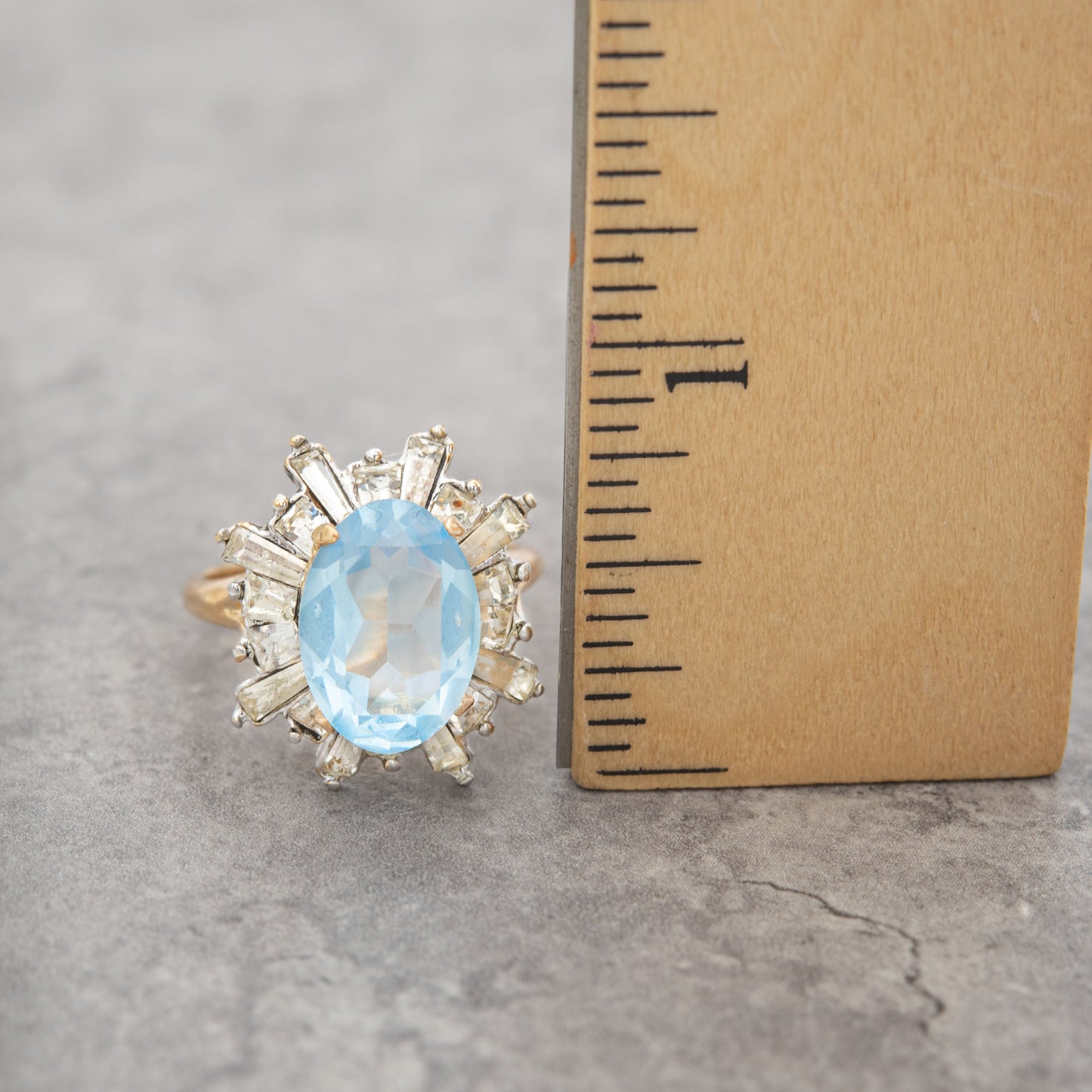 Vintage Austrian Crystal 18k Yellow Gold Electroplated Womens Antique Cocktail Ring Made in USA
