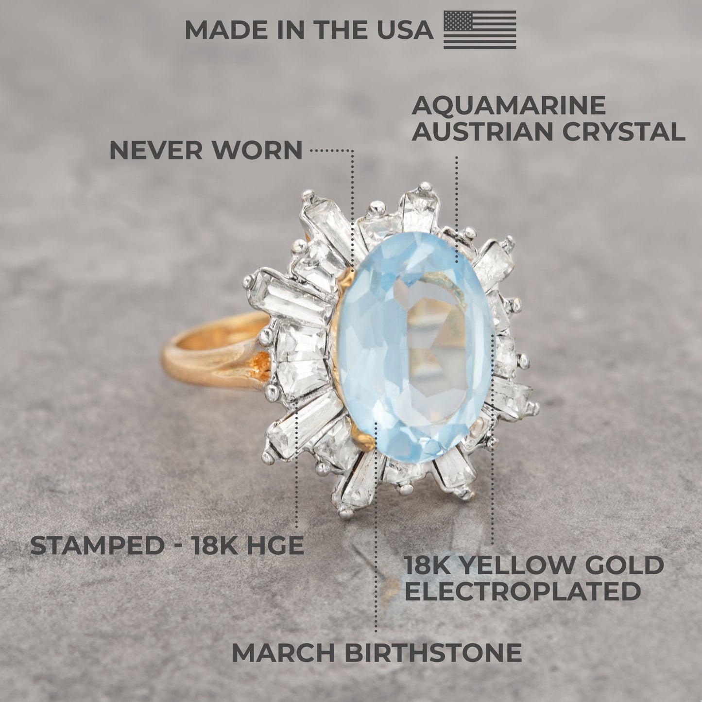 Vintage Austrian Crystal 18k Yellow Gold Electroplated Womens Antique Cocktail Ring Made in USA