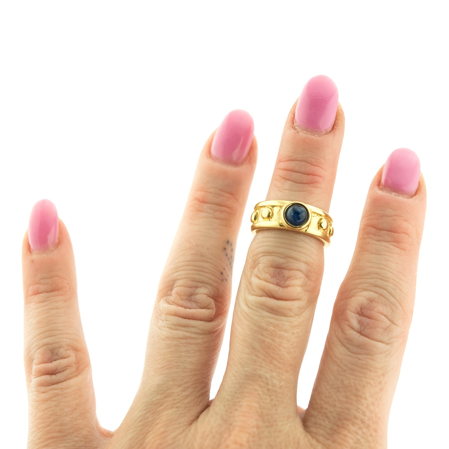 Sapphire Glass Cabocon 18k Brushed Yellow Gold Electroplated Ring Made in USA