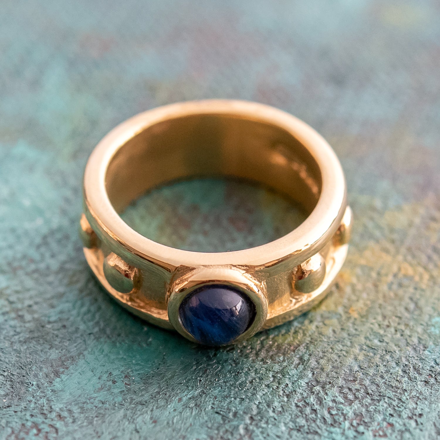 Sapphire Glass Cabocon 18k Brushed Yellow Gold Electroplated Ring Made in USA