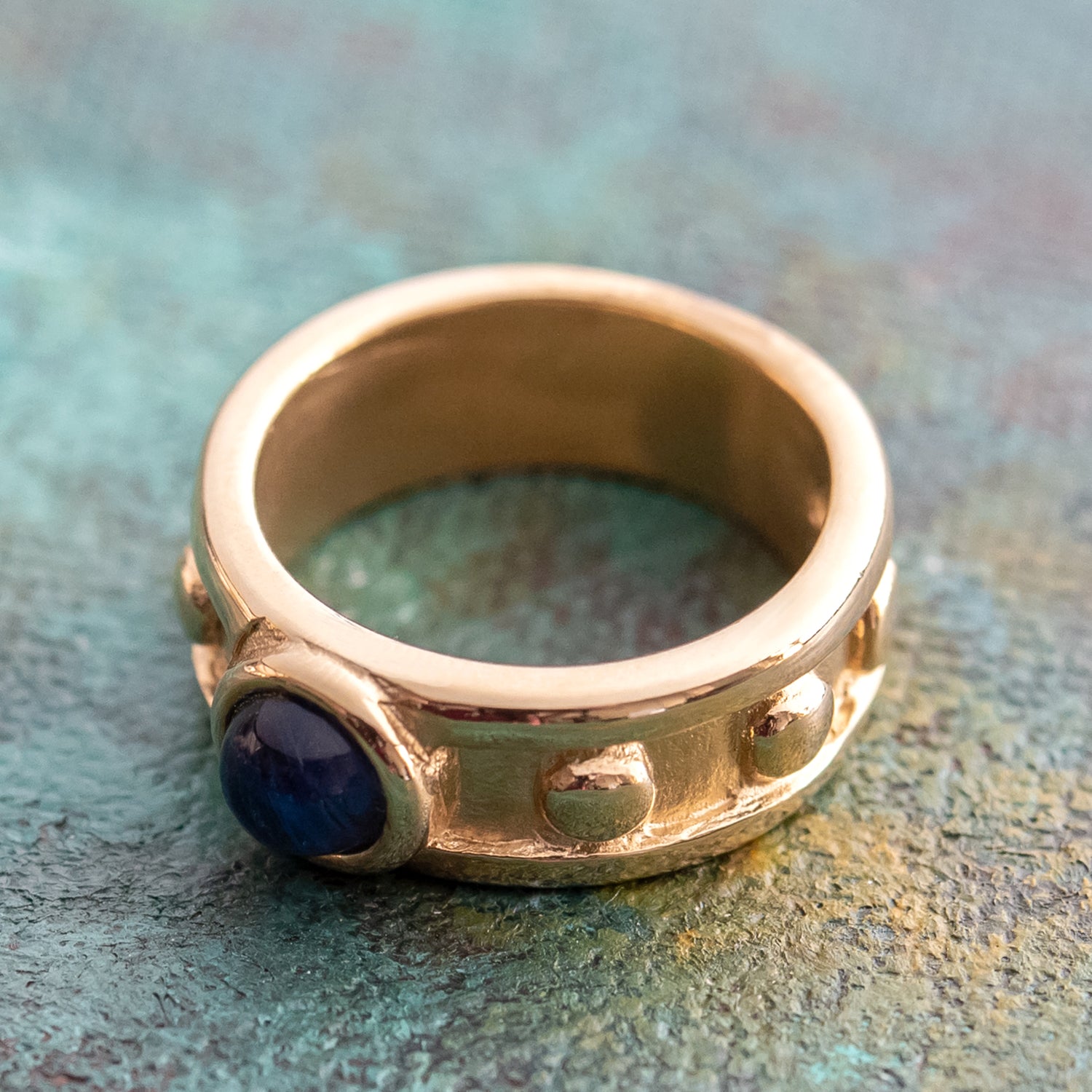 Sapphire Glass Cabocon 18k Brushed Yellow Gold Electroplated Ring Made in USA