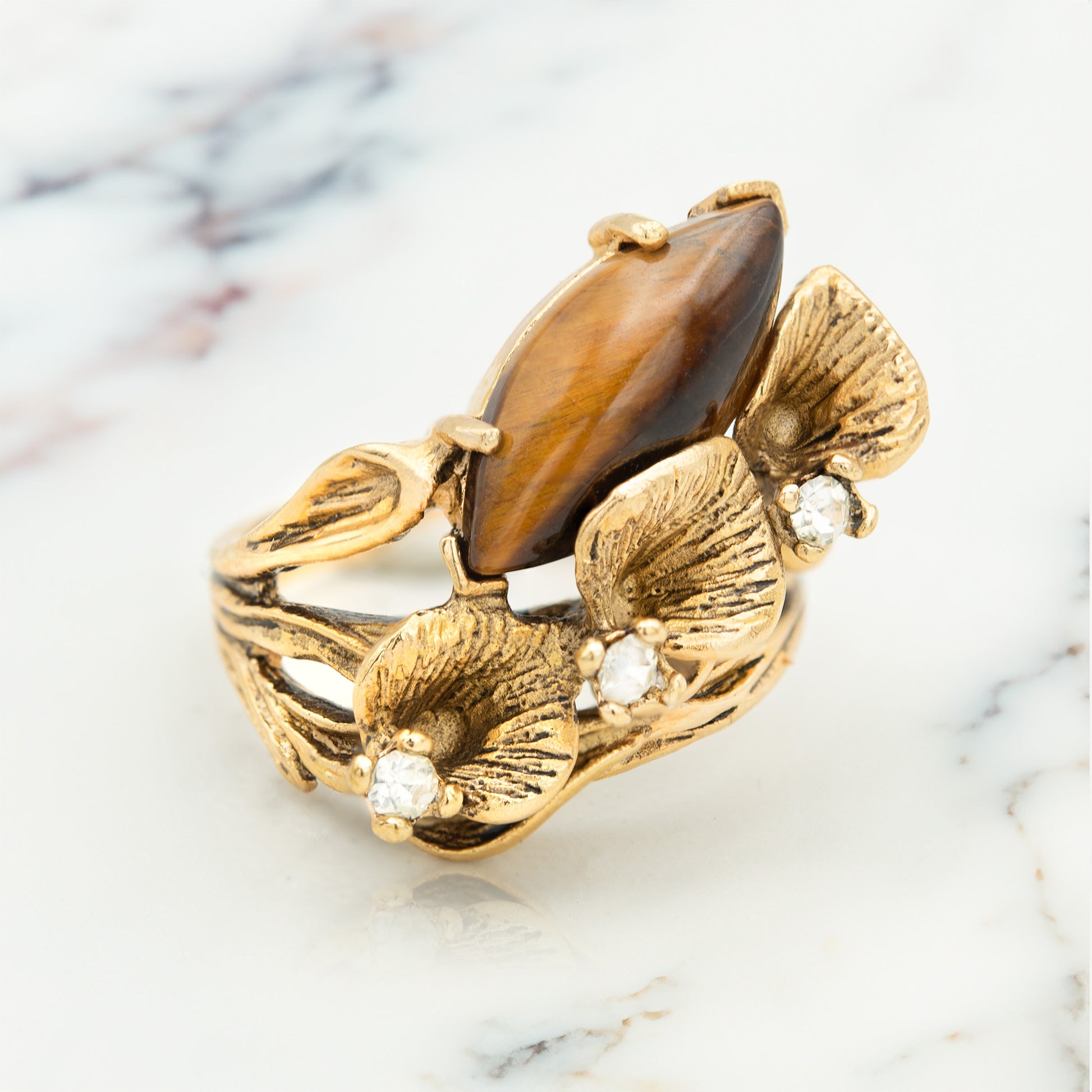 Vintage Genuine Tiger Eye Calla Lily Ring - Antiqued 18k Yellow Gold Electroplated jewelry image 1