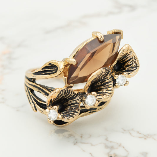 Vintage Genuine Tiger Eye Calla Lily Ring - Antiqued 18k Yellow Gold Electroplated jewelry image 1
