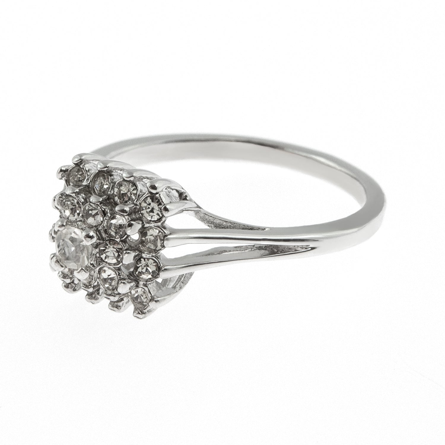 Vintage Clear Austrian Crystal Burst Ring 18kt White Gold Electroplated Made in USA