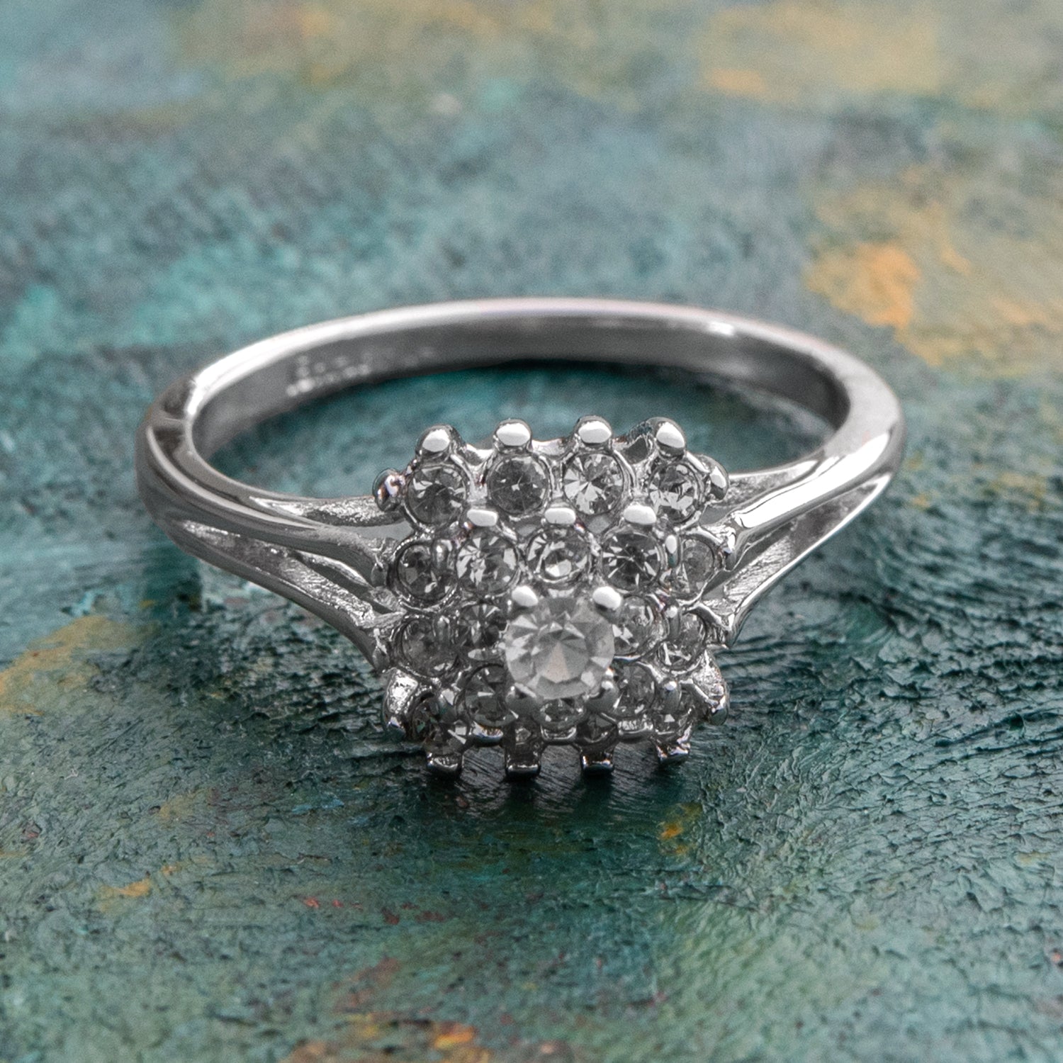 Vintage Clear Austrian Crystal Burst Ring 18kt White Gold Electroplated Made in USA