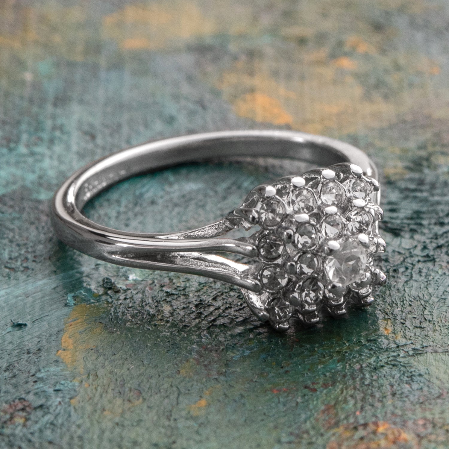 Vintage Clear Austrian Crystal Burst Ring 18kt White Gold Electroplated Made in USA