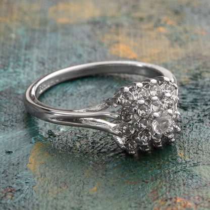 Vintage Clear Austrian Crystal Burst Ring 18kt White Gold Electroplated Made in USA