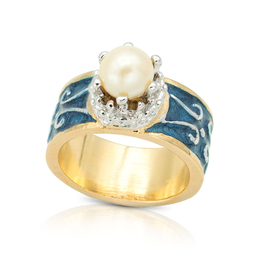 Vintage 1980s Royal Crown Hand Painted Blue Enamel Ring with Pearl Bead - 18k Gold Plated jewelry image 1