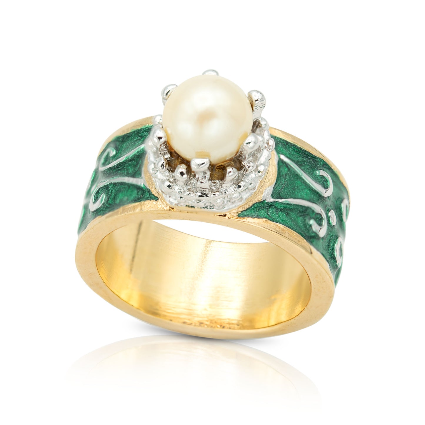 Vintage 1980s Royal Crown Hand Painted Green Enamel Ring with Pearl Bead - 18k Gold Plated jewelry image 1