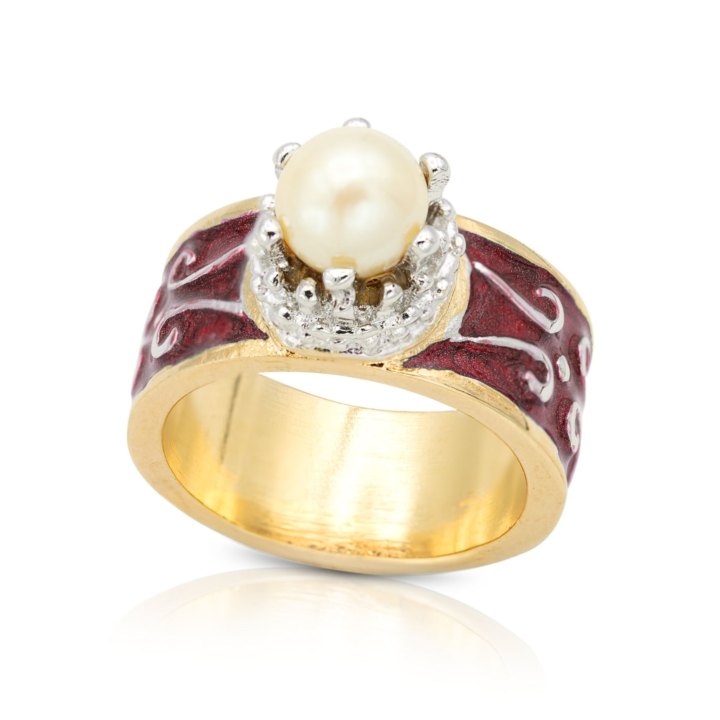 Vintage 1980s Royal Crown Hand Painted Red Enamel Ring with Pearl Bead - 18k Gold Plated jewelry image 1