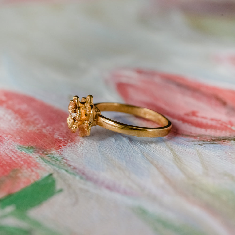 Vintage Flower Ring Clear Crystal 18k Yellow Gold Electroplated