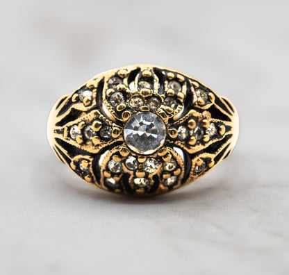 Vintage 1970s Edwardian Style Princess Ring - 18k HGE Antiqued Yellow Gold with Austrian Crystals and Glass Pearl jewelry image 1