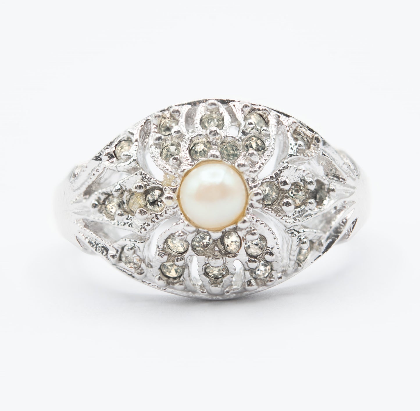 Vintage 1970s Edwardian Style Princess Ring – 18k White Gold Electroplated with Austrian Crystals and Glass Pearl jewelry image 1