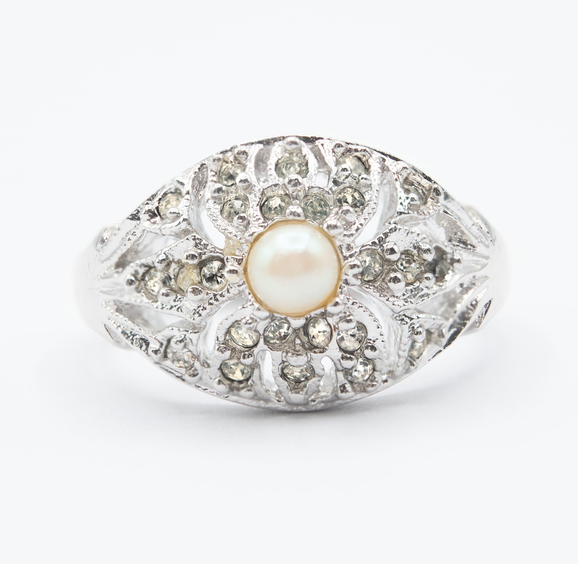 Vintage 1970s Edwardian Style Princess Ring – 18k White Gold Electroplated with Austrian Crystals and Glass Pearl jewelry image 1