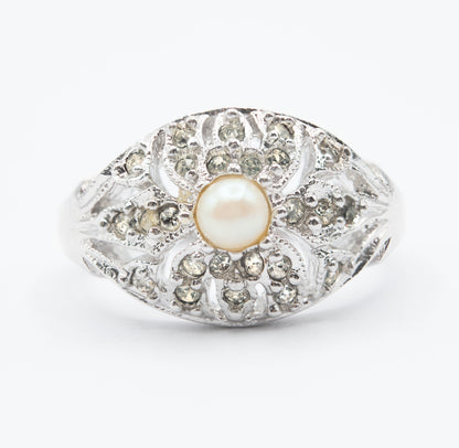 Vintage 1970s Edwardian Style Princess Ring – 18k White Gold Electroplated with Austrian Crystals and Glass Pearl jewelry image 1