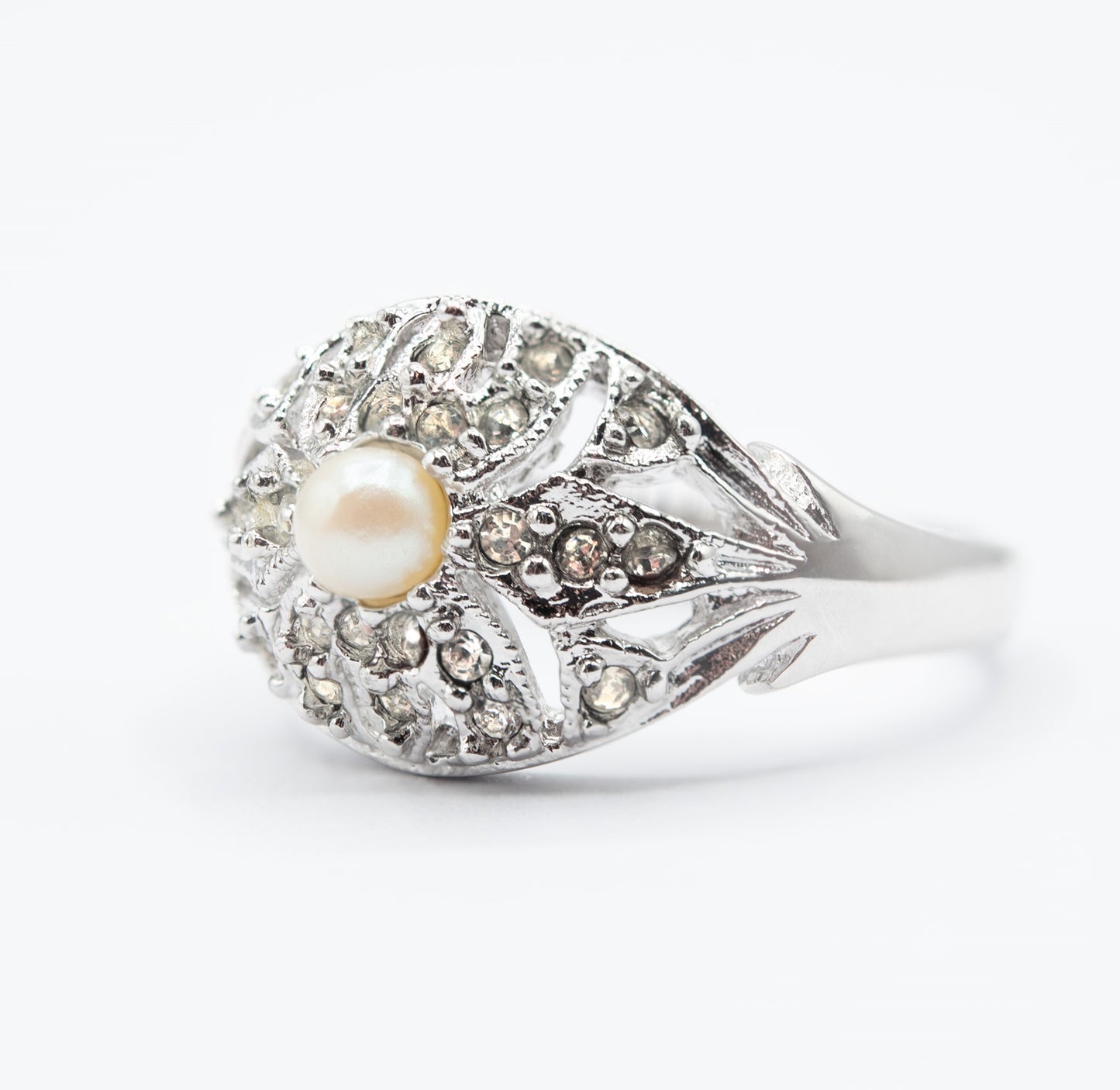 Vintage 1970s Edwardian Style 18k White Gold Electroplated Princess Ring with Austrian Crystals and Glass Pearl jewelry image 1